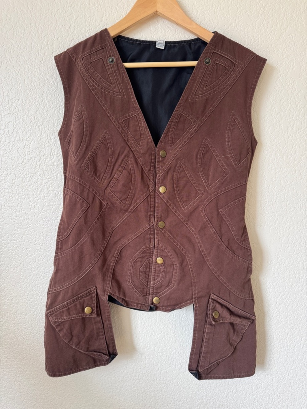 Flower of life by Pleiadian Brown Embroidered Cotton Vest with Button Front